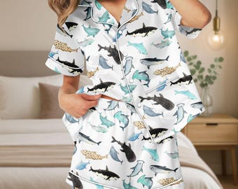 Shark Satin Pajamas, Ocean Life Pajamas Set, Fish Women Pajamas , Shark Lover Gift, Animal Lover Gift, Gift For Her