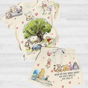 Camiseta y short retro de Winnie the Pooh, camiseta de Pooh y sus amigos, shorts de oso Honey Pooh, shorts de películas de dibujos animados, regalo para ella