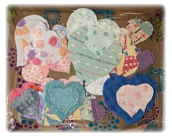 50 Vintage Fabric Embellishment Kit Feedsack Hearts Chenille Bedspread Die Cuts, Appliques, Junk Journal, Slow Stitch, Scrapbooking