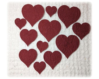 Vintage Cutter Quilt Heart Appliques: 12 Die Cuts, Slow Stitch, Deep Red