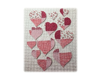 Vintage Cutter Quilt Heart Appliques: 12 Die Cuts, Slow Stitch, Farmhouse Red