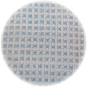 May include: A round, white fabric item with a repeating pattern of small blue and green floral designs. The pattern is arranged in a grid-like fashion across the surface. The edges of the item are slightly blurred.