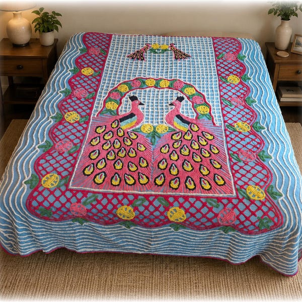 Vintage Chenille Peacock Bedspread: Hearts, flowers Curly Cues Blues Free Ship USA