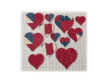 Vintage Patriotic Feedsack Cutter Quilt Hearts, Applique Die Cuts, Junk Journal, Slow Stitching Primitive