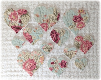 Vintage Cutter Quilt Heart Appliques: 12 Die Cuts, Slow Stitch, Aqua Roses