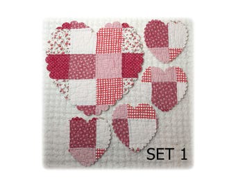 Vintage Patchwork Cutter Quilt Table Mat and Coasters: Die Cut Heart Appliques
