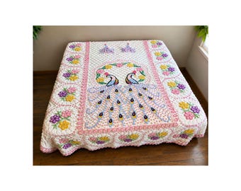 Vintage Chenille Peacock Bedspread: Peacocks, Hearts, Flowers, Curly Cues EUC