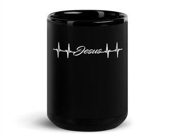 Jesus is My Lifeline Black Glossy Mug With EKG Symbol - Unique Christian Gift - Birthday & Baptismal Gift Idea