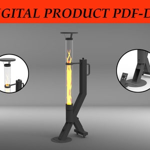 Puede incluir: Una chimenea exterior negra con un tubo de vidrio transparente y alto que contiene una llama simulada. El diseño incluye una parte superior e inferior circulares, con un asa y patas de soporte en ángulo. El texto "DIGITAL PRODUCT PDF-DXF" está en la parte superior.