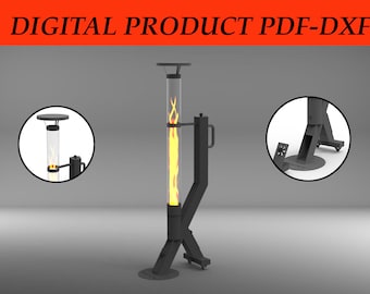 May include: A black outdoor fireplace with a tall, clear glass tube containing a simulated flame. The design includes a circular top and base, with a handle and angled support legs. The text "DIGITAL PRODUCT PDF-DXF" is at the top.