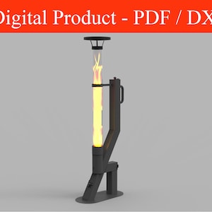 Könnte beinhalten: Ein schwarzer Metall-Feuerplatz mit einem hohen, durchsichtigen Glasrohr und einer Metallplatte oben. Das Rohr ist mit einem simulierten Flammeneffekt gefüllt.
