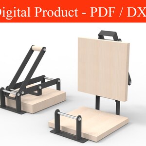 May include: Two wooden and metal presses, one with a lever and the other with a handle. The text "Digital Product - PDF / DXF" is at the top. The presses have a light wood base and a black metal frame.