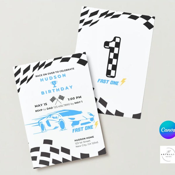 Fast One First Birthday Invitation 1st Birthday Invitation Racing Car Invite Modern Racecar Printable Template Instant Download