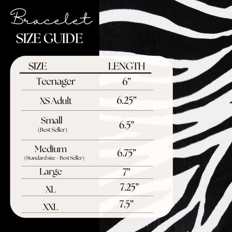 May include: A size guide for bracelets, showing different sizes and their corresponding lengths in inches. The sizes include Teenager, XS Adult, Small, Medium, Large, XL, and XXL.
