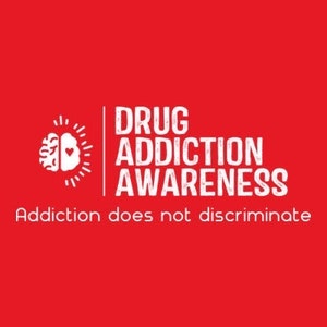 May include: White text on a red background reads "Drug Addiction Awareness" with a brain and heart graphic to the left. The text "Addiction does not discriminate" is below the main text.