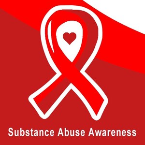 May include: Red ribbon with a white outline and a small red heart in the center. The text "Substance Abuse Awareness" is below the ribbon.