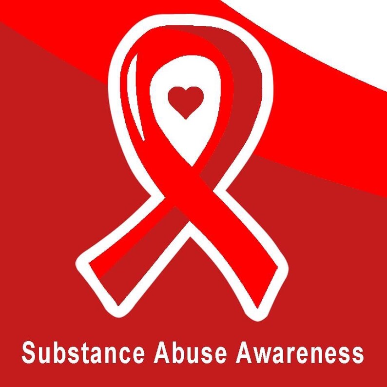 May include: Red ribbon with a white outline and a small red heart in the center. The text "Substance Abuse Awareness" is below the ribbon.