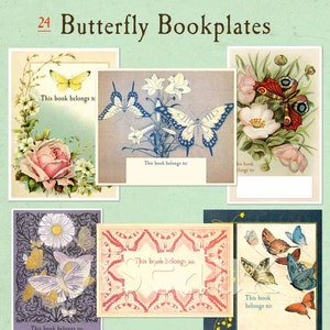 Mixed BLANK Butterfly Bookplates - Write in Your Name - Set of 24 - Vintage Book Labels, Stocking Stuffer, Party Favors