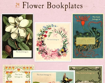 Assorted BLANK Flower Bookplates - Write in Your Name - Mixed Set of 24 Vintage Book Labels, Mother's Day Gift, Book Club, Ex Libris