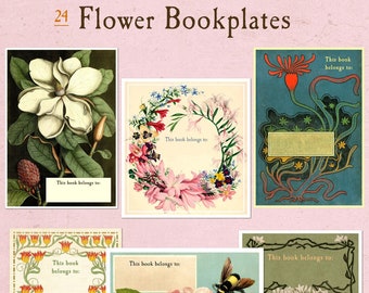 Mixed BLANK Flower Bookplates - Write in Your Name - Set of 24 Vintage Book Labels, Mother's Day Gift, Book Club, Ex Libris