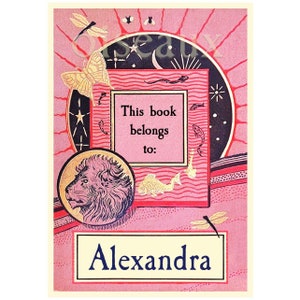A vintage bookplate in pink, red, navy blue and pale yellow features Art Deco-style imagery including a lion, butterflies, fish, dragonflies, and sun, moon, stars. Bookplate text is in dark blue and the name is designed in a pale yellow text box