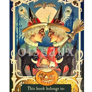 Vintage Witch Bookplates: Personalized Halloween Book Labels - Set of 24