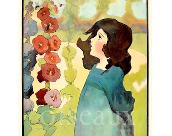 Hollyhock Garden Bookplates - Personalized Vintage Girl's Book Plates - Adorable Custom Labels, Custom Ex Libris, Beautiful Gift