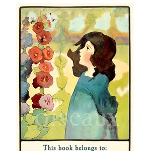 Hollyhock Garden Bookplates - Personalized Vintage Girl's Book Plates - Adorable Custom Labels, Custom Ex Libris, Beautiful Gift
