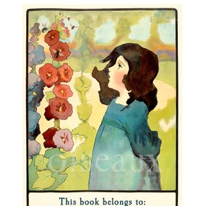 Hollyhock Garden Bookplates - Personalized Vintage Girl&#39;s Book Plates - Adorable Custom Labels, Custom Ex Libris, Beautiful Gift