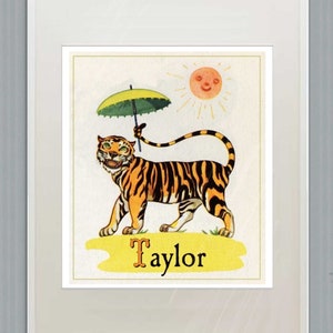 Personalized PRINT Vintage Tiger Happy Nursery, Children's Room Decor, Unique Custom Gift, Baby Shower image 1