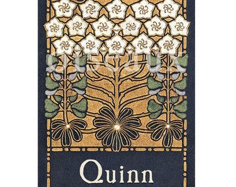 May include: A navy blue bookplate with gold and white floral art nouveau design. The text "This book belongs to:" is at the top, and the name "Quinn" is at the bottom. The design includes stylized flowers and foliage.