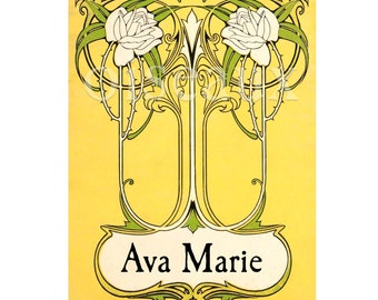 May include: A yellow book cover with a decorative design featuring white roses and green leaves. The text "This book belongs to:" is at the top of the cover. The name "Ava Marie" is written in a decorative banner at the bottom of the cover.