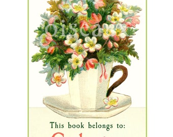 Teacup Bouquet Bookplates - Personalized Floral Ex Libris - Set of 24 - Women's Vintage Library