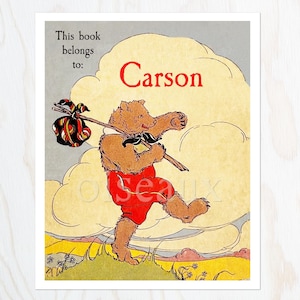 Bear&#39;s Adventure Bookplates - Personalized Book Label, Baby Shower Gift, Father&#39;s Day Present, Vintage Ex Libris, Stocking Stuffer