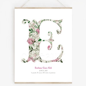 Impresión artística con letras vintage: jazmín y clavel, elegante inicial para bebé, monograma para niño, anuncio de nacimiento, decoración de guardería, regalo de baby shower