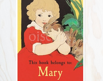 Girl & Rabbits Bookplates - Personalized Ex Libris - Set of 24 - Vintage Girl's Library, Easter Basket Gift