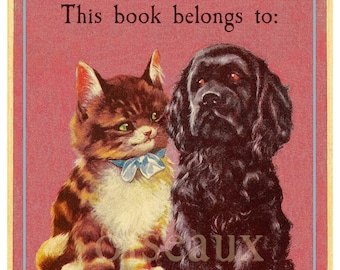 Kitty & Puppy - Personalized Vintage Bookplates - Adorable Book Labels, Cuddly Animals, Baby Shower Gift, Stocking Stuffer