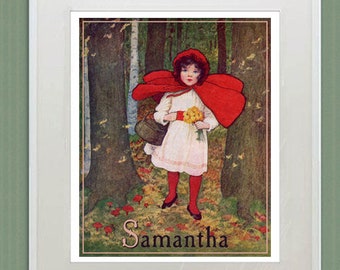 Little Red Riding Hood PRINT - Personalized Girl's Room Decor, Vintage Nursery Art, Unique Custom Gift