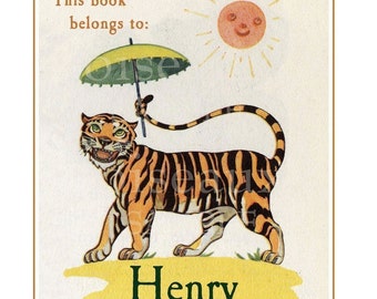 Vintage Tiger Personalized Bookplates - Children's Library, Heritage Book Labels, Unique + Adorable Baby Shower Gift