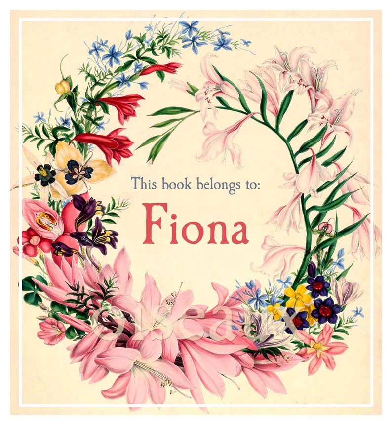 A vintage bookplate featuring a wreath of flowers against a cream background, text is in pale blue, name is in pink, with a slim white border around the edge. Flowers are pink, red, blue, purple or various sizes