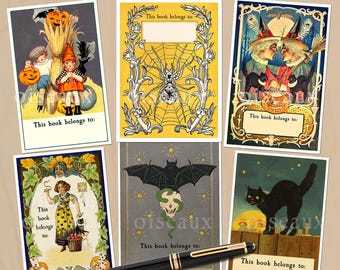 Ex libris de Halloween - Diseños variados en blanco - Juego de 24 - Recuerdos de fiesta bonitos y espeluznantes, ex libris para clubes de lectura