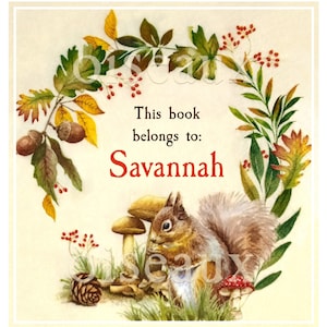Squirrel Wreath Bookplates - Personalized Vintage Book Labels - Darling Children&#39;s Gift, Autumn Nature Ex Libris