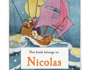 Ex libris Wynken Blynken & Nod - Etiquetas personalizadas para libros - Baby Shower vintage, Biblioteca de herencia para niño, Precioso regalo de cumpleaños