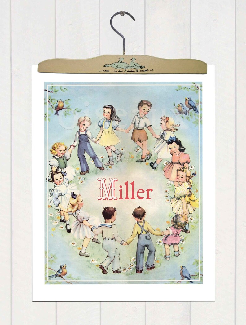 Personalized Children's Art Print Ring Around the Rosie Vintage Nursery