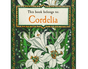 Lily Garden Personalized Bookplates - Vintage Book Plates - Charming Mother's Day Present, Art Deco Ex Libris, Gardener Gift