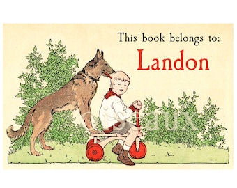 Boy & Dog Bookplates - Personalized Vintage Labels - Boy's Birthday Gift, Heritage Ex Libris, Custom Present for Him