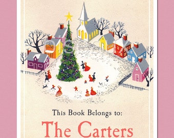 Christmas Town Bookplates -  Personalized Ex Libris - Set of 24 - Family Holiday Library, Stocking Stuffer