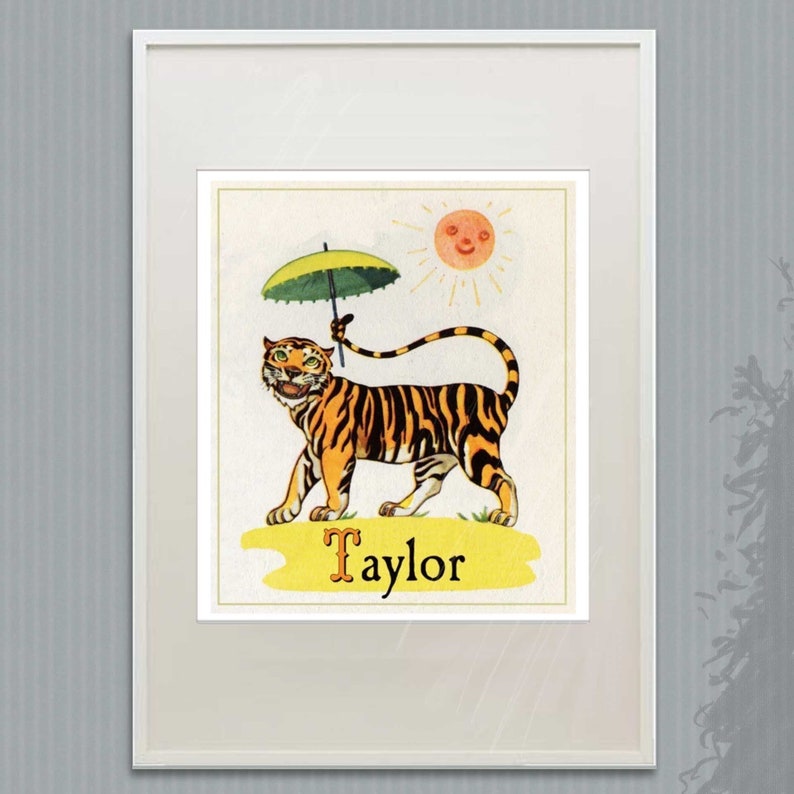 Personalized PRINT Vintage Tiger Happy Nursery, Children's Room Decor, Unique Custom Gift, Baby Shower image 1