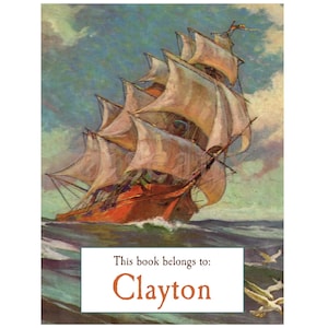 Ship At Sea Bookplates - Personalized Vintage Book Labels - Gift for Him, Custom Father&#39;s Day Present, Nautical, Dad&#39;s Day Ex Libris