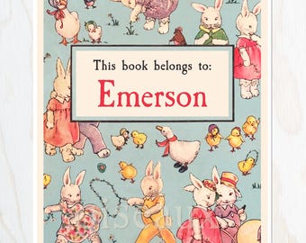 Easter Friends Bookplates - Personalized Ex Libris - Set of 24 - Vintage Rabbit Library Labels